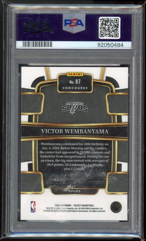 2023 Panini Select  Victor Wembanyama 87 Blue Concourse RC PSA 10 Spurs view 2
