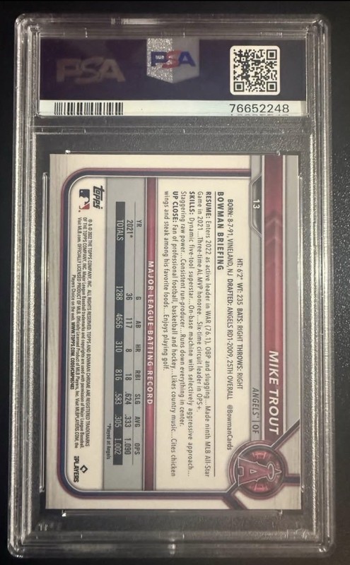 2022 Bowman Chrome Sapphire Edition - Mike Trout #13 - PSA 10 view 2