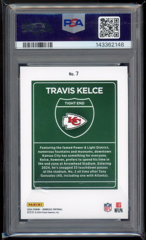 2024 Panini Donruss Travis Kelce Downtown #7 PSA 9 Kansas City Chiefs view 2