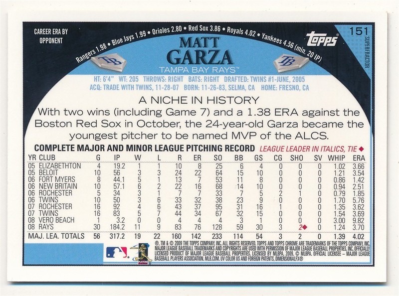 MATT GARZA 2009 TOPPS CHROME #151 SUPERFRACTOR TAMPA RAYS RARE SP 1/1 view 2