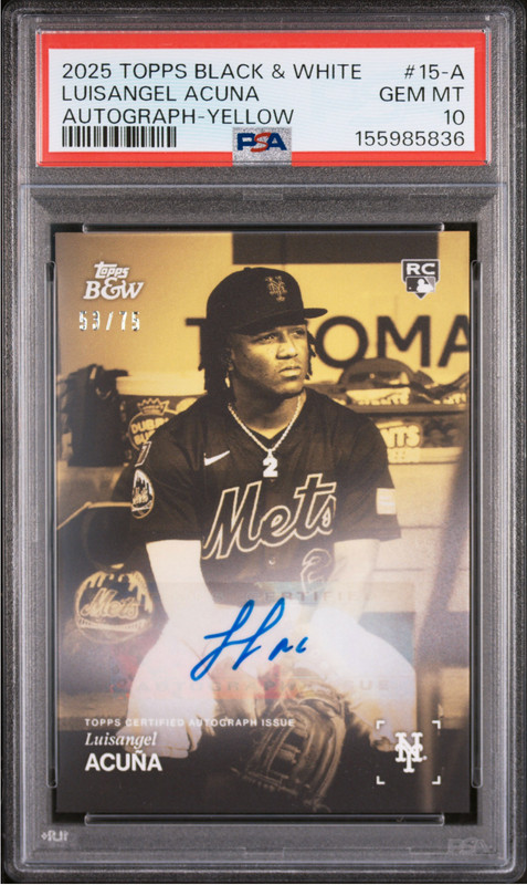 PSA 10 2025 TOPPS BLACK AND WHITE #15-A LUISANGEL ACUNA YELLOW AUTO /75 POP 4 RC view 1