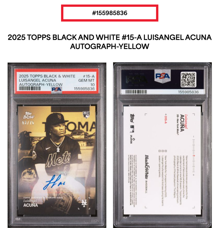 PSA 10 2025 TOPPS BLACK AND WHITE #15-A LUISANGEL ACUNA YELLOW AUTO /75 POP 4 RC view 2