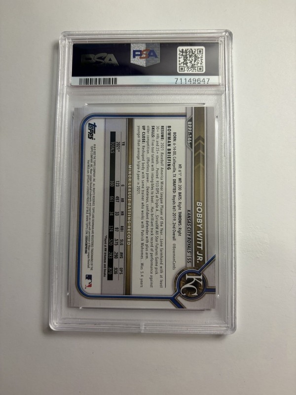 2022 Bowman 1st Edition - Bobby Witt Jr. Rookie Card PSA 10 #BPPF-146 (RC) view 2