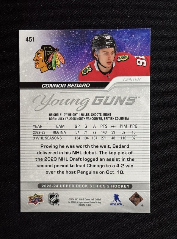 2023-24 Upper Deck Series 2 - Young Guns Connor Bedard #451 (RC) view 2
