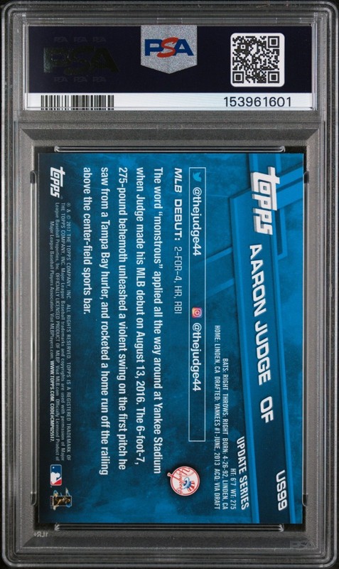 2017 Topps Update Aaron Judge Rookie Debut #US99 PSA 10 Gem Mint Yankees RC view 2