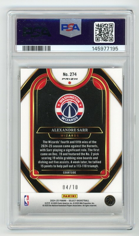 2024-25 ALEXANDRE SARR Panini Select #274 Rookie Courtside Gold Flash /10 PSA 10 view 2
