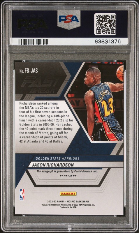 2022 Panini Mosaic Basketball Jason Richardson Fast Break Auto PSA 10 view 2
