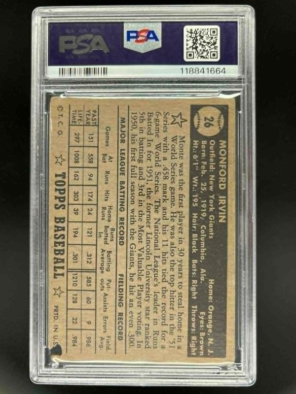 1952 TOPPS MONTY IRVIN BLACK BACK #26 PSA 1 PR view 2