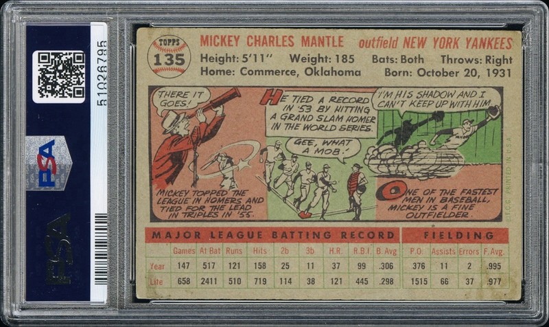 1956 TOPPS MICKEY MANTLE #135 GRAY BACK PSA 4 view 2