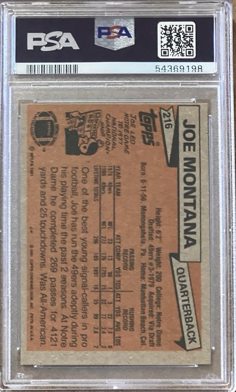 1981 Topps #216 Joe Montana Rookie PSA 8 NM-MT RC view 2