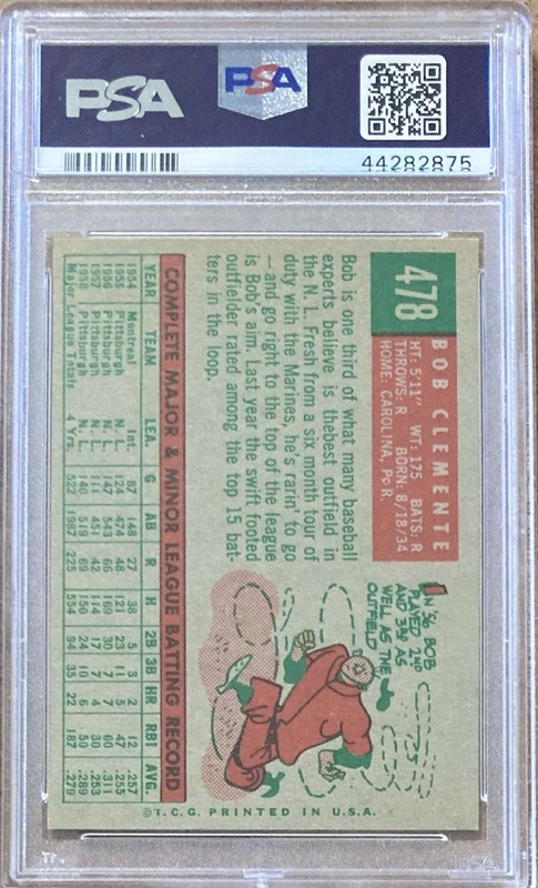 1959 Topps #478 Roberto Bob Clemente PSA 6 EX-MINT view 2