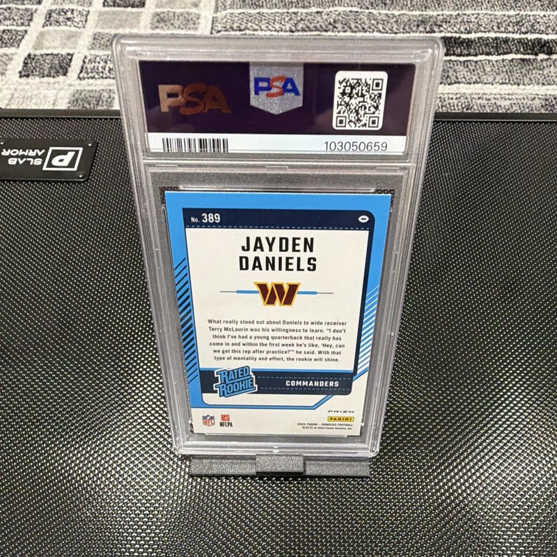 Panini 2024 Donruss Jayden Daniels Rated Rookie #389 Red Pandora PSA 10 view 2