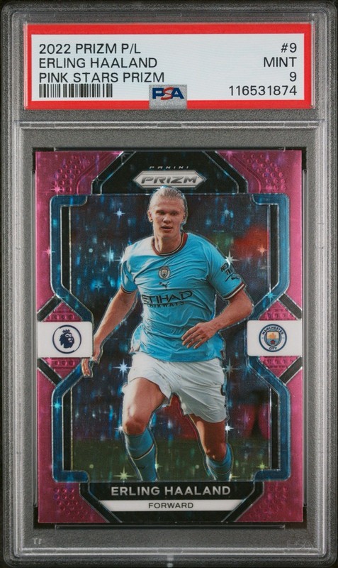 2022-23 Panini Prizm Premier League Erling Haaland #9 Pink Stars Prizm PSA 9
