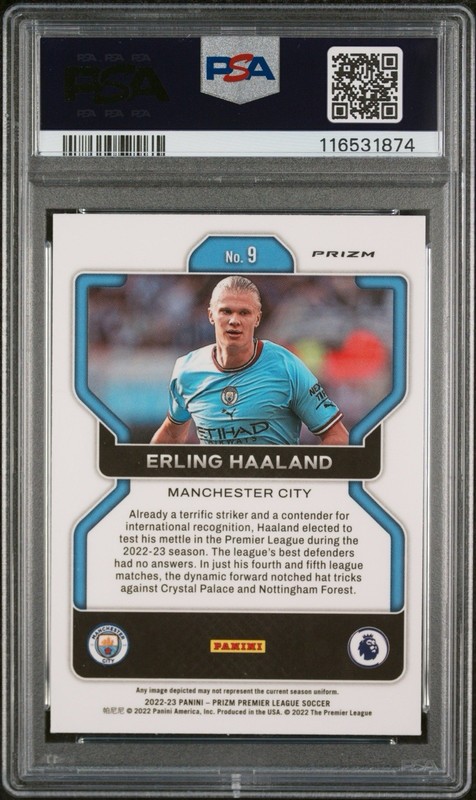 2022-23 Panini Prizm Premier League Erling Haaland #9 Pink Stars Prizm PSA 9 view 2