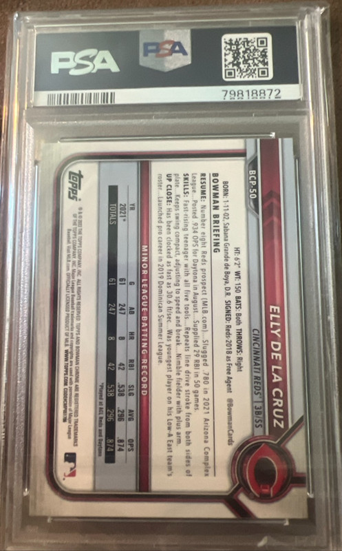 Elly De La Cruz 2022 Bowman Chrome 1st Bowman Prospect PSA 10 RC Reds Rookie view 2