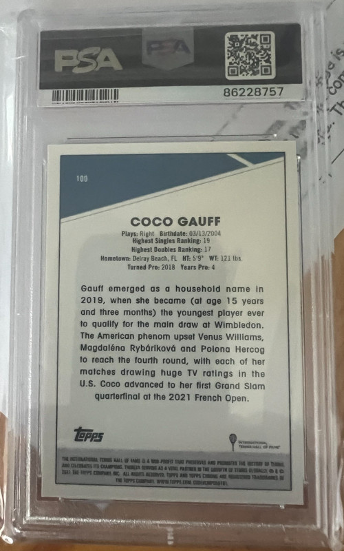 2021 Topps Chrome Sapphire Tennis Coco Gauff Rookie #100 PSA 10 view 2