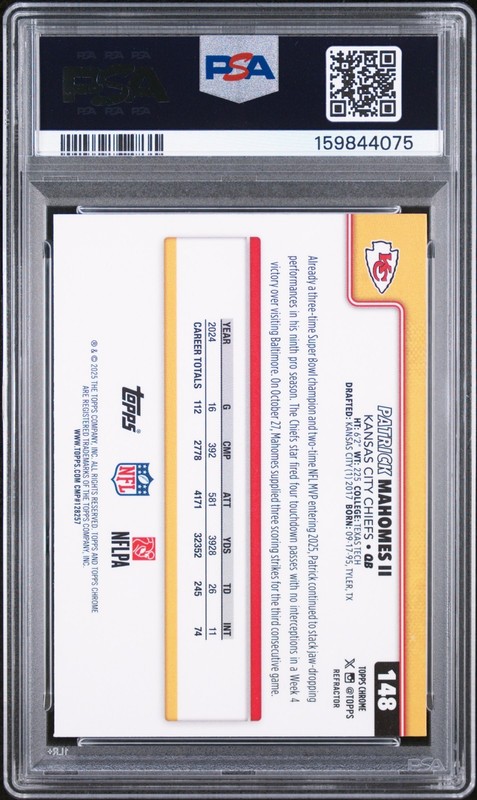 2025 Topps Chrome Patrick Mahomes Refractor Chiefs PSA 10 view 2