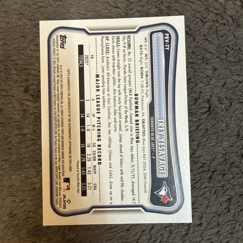 2026 Bowman Trey Yesavage RC Auto True Rookie Auto Blue Jays #PRV-TY view 2