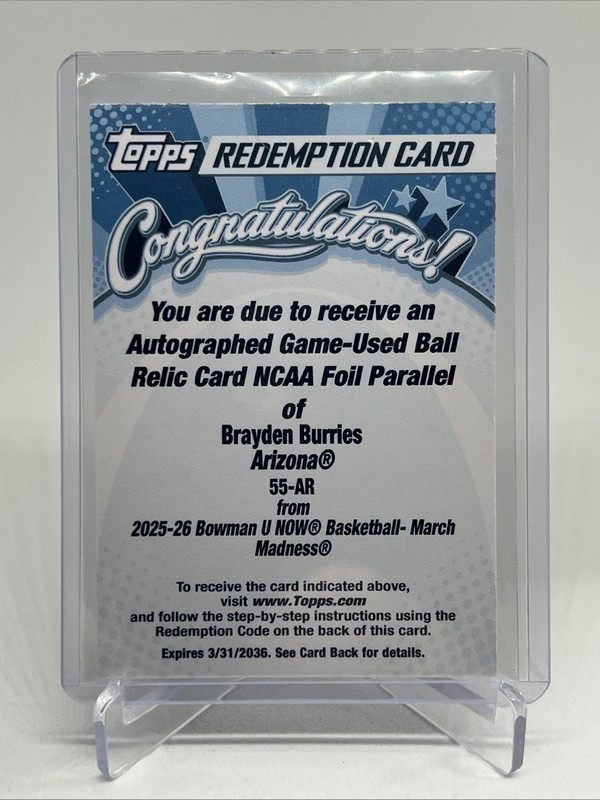 2026 Bowman U Now Brayden Burries Game Used Ball Auto /26 Redemption