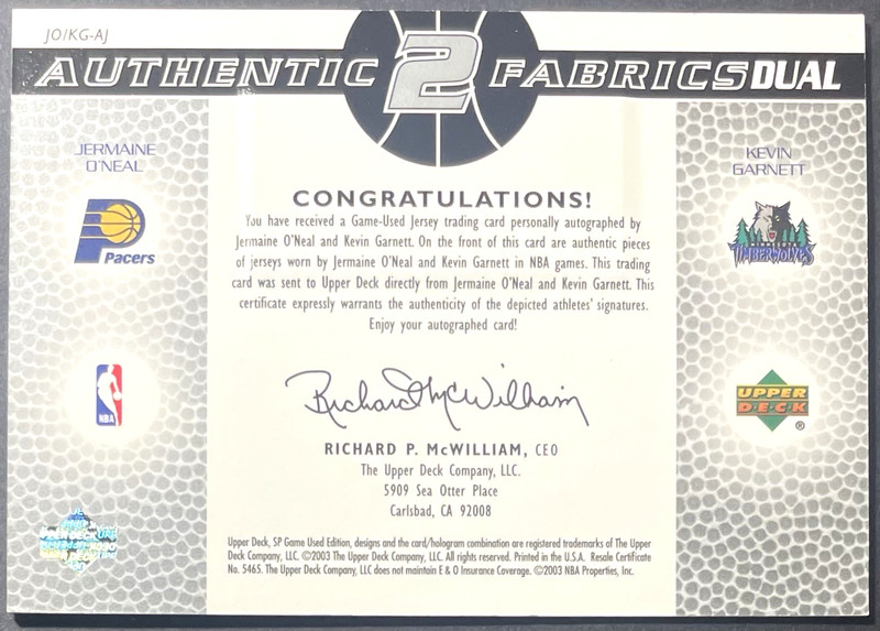 ( /50 ) Jermaine O'Neal Garnett SP Game Used Authentic Fabrics Dual On Card Auto view 2
