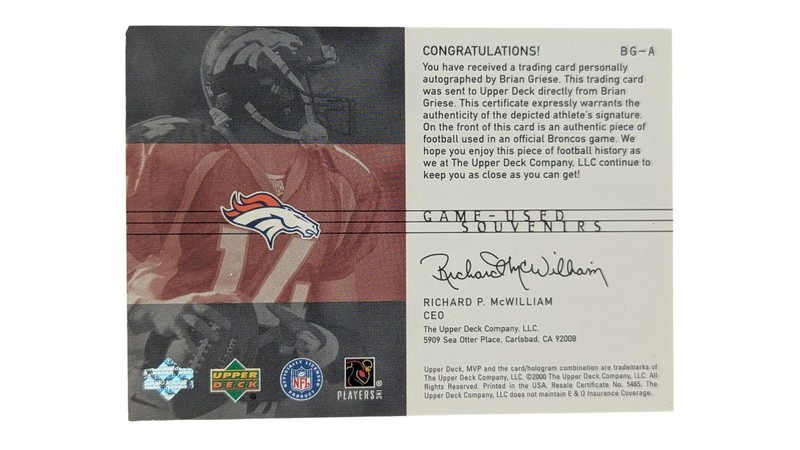 2000 Upper Deck MVP Brian Griese Game-Used Souvenirs Auto 08/25 #BG-A view 2