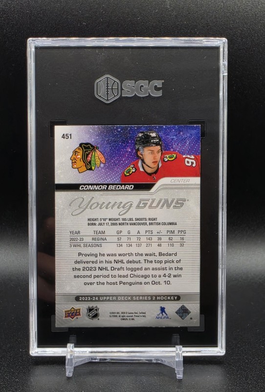 2023 Upper Deck Connor Bedard YOUNG GUNS RC Rookie #451 SGC 10 view 2