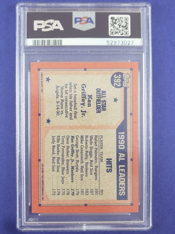 1991 Topps Ken Griffey Jr, Seattle Mariners, HOF, PSA 9 view 2