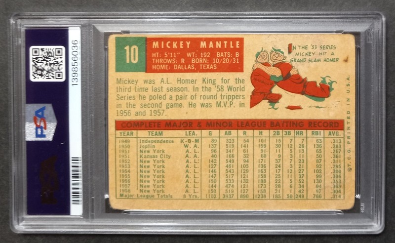 1959 Topps - #10 Mickey Mantle - HOF - PSA 1 PR view 2