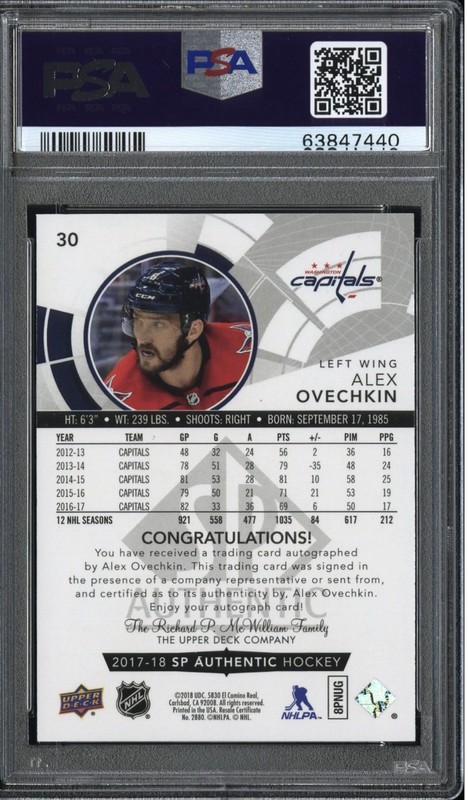 2017-18 Upper Deck SP Authentic Alex Ovechkin Limited Auto #30 PSA 10  view 2