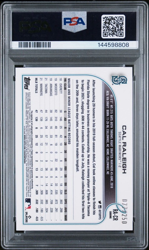 2022 Topps Cal Raleigh Purple Auto /250 PSA 10/Auto 10. Pop 6! view 2