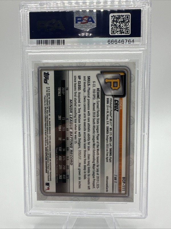 2020 Bowman Chrome Oneil Cruz Purple Refractor /250 PSA 10 GEM MINT view 2