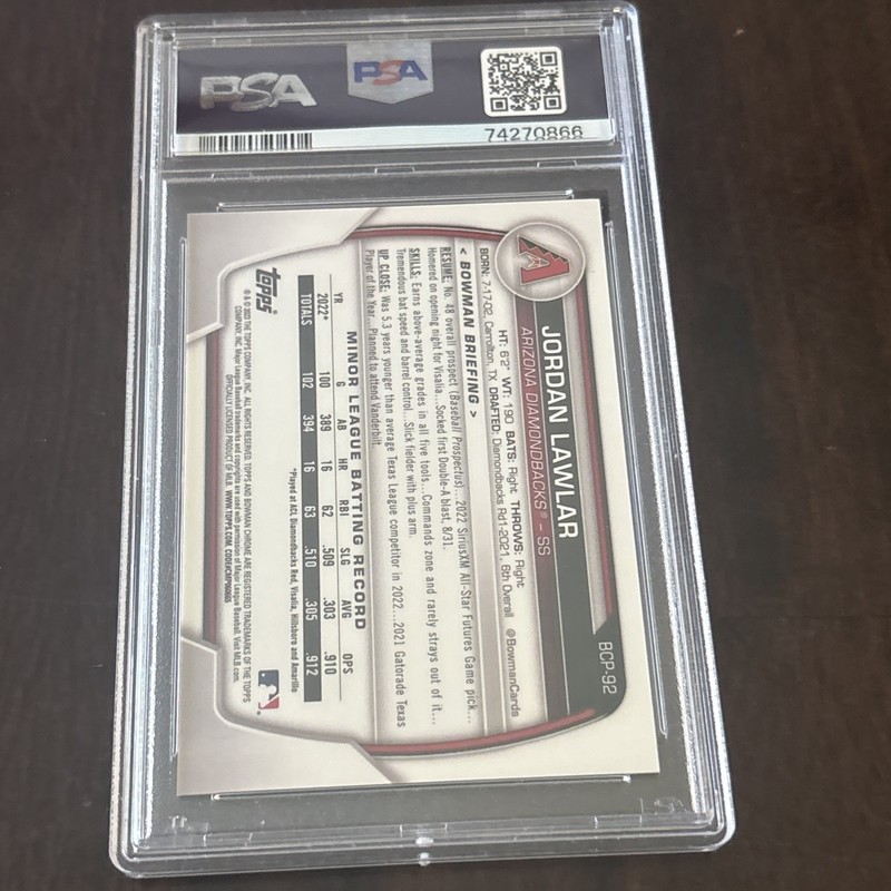 2022 Bowman Chrome Purple Raywave #BCP-141 Jordan Lawlar /250 PSA 9 view 2