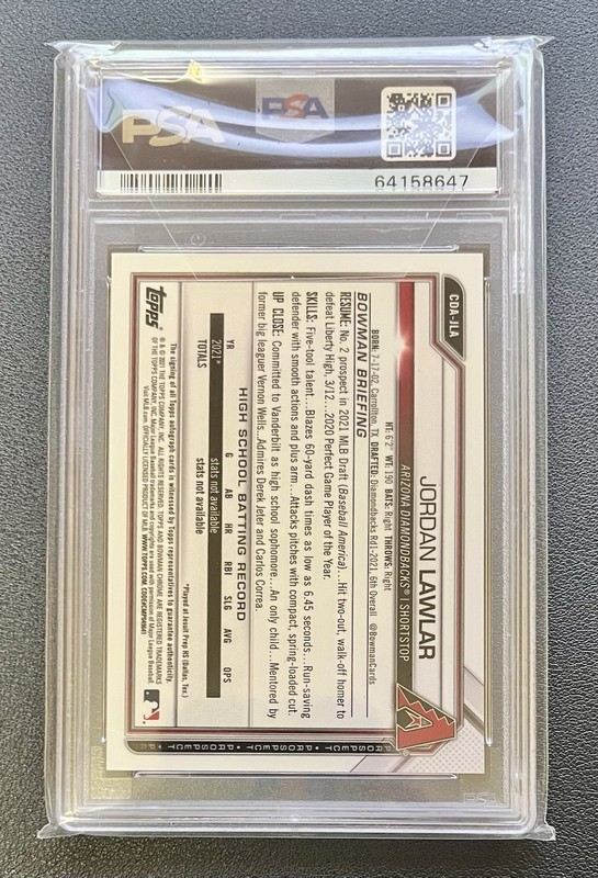 2021 Bowman Draft Chrome 1st Auto Jordan Lawlar PSA 10 #CDA-JLA Diamondbacks view 2