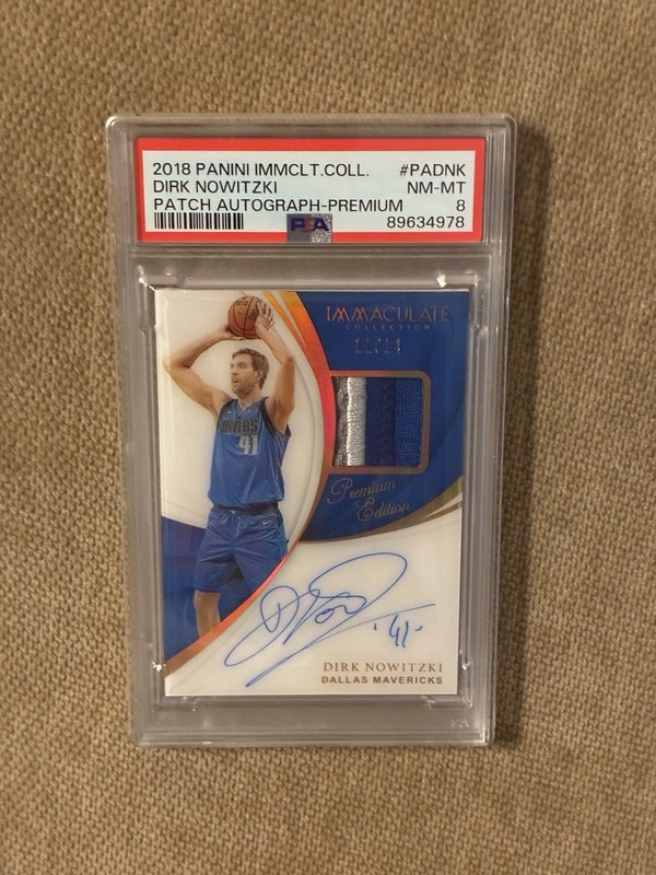 2018 Panini Immaculate Dirk Nowitzki Game Worn Patch Auto 11/ 14 GOLD PSA 8 Mavs