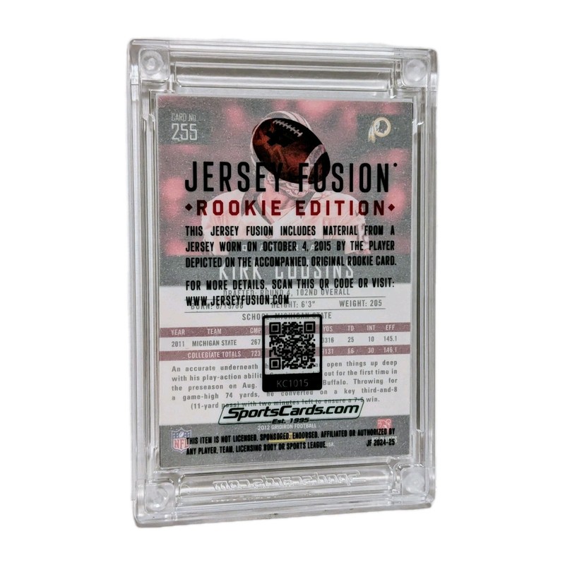 2012 Kirk Cousins Redskins Rookie Dual Game Used Jersey Fusion Patch 25/25 view 2