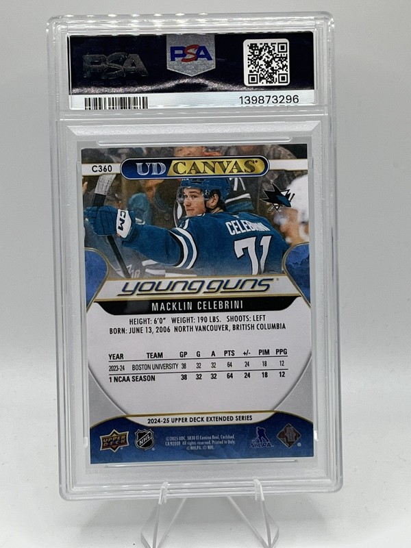 2024-25 Upper Deck UD Canvas Young Guns Macklin Celebrini PSA 9 RC view 2
