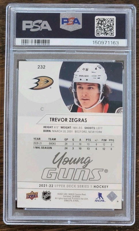 2021-22 Upper Deck Series 1 Young Guns Trevor Zegras PSA 9 view 2