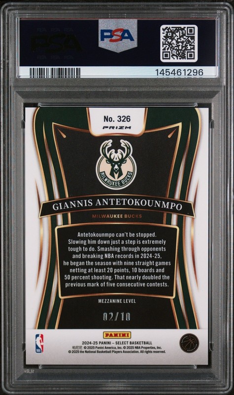 2024 PANINI SELECT GOLD CRACKED ICE #326 GIANNIS ANTETOKOUNMPO 2/10 PSA 10 view 2