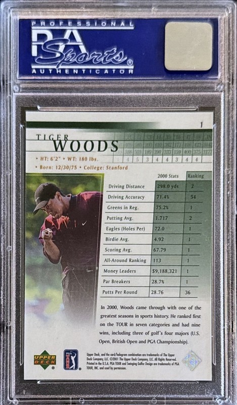 2001 UPPER DECK GOLF #1 TIGER WOODS RC HOF PSA 10 view 2