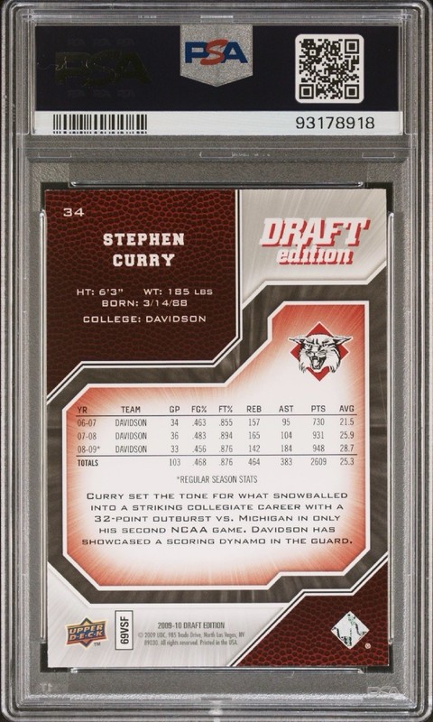 2009-10 Upper Deck Draft Edition Stephen Curry #34 (RC) PSA 10 Gem Mint view 2