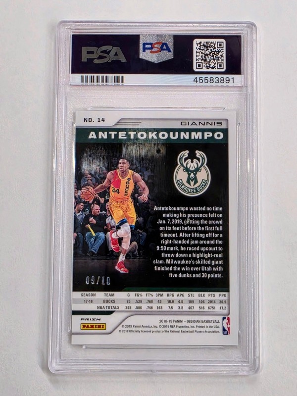 2018 Giannis Antetokounmpo Panini Obsidian Electric Etch Yellow/10 PSA 10 view 2