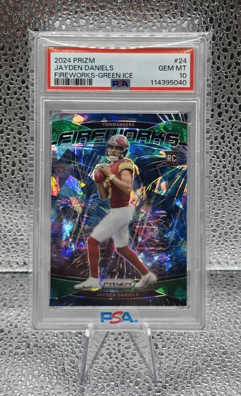 Jayden Daniels 2024 Panini Prizm Fireworks #24 Green Ice RC PSA 10 COMMANDERS