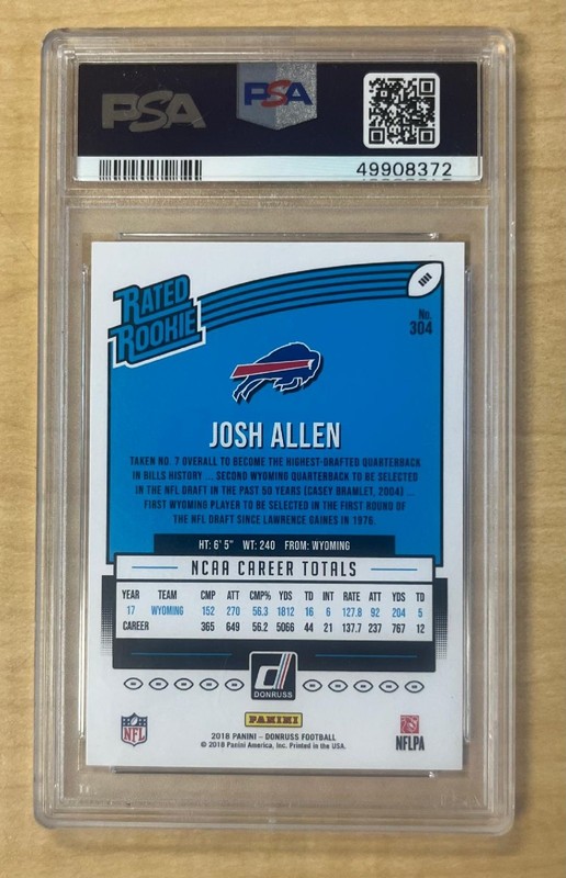 2018 Panini Donruss #304 JOSH ALLEN Rated Rookie PSA 9 MINT RC Rookie Card view 2