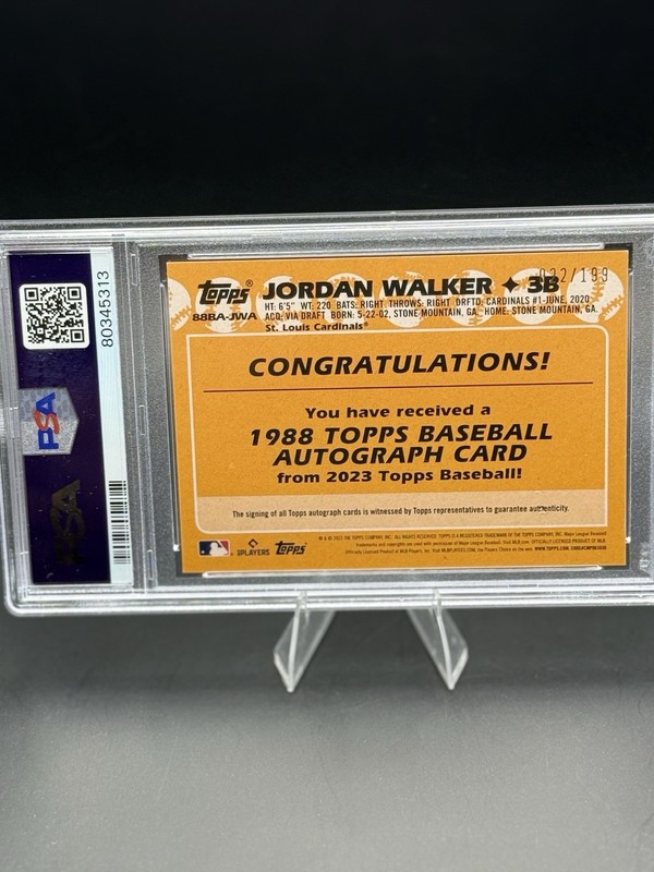 Jordan Walker Rookie Auto 2023 Topps 1988 Black /199 PSA 8 Cardinals RC view 2