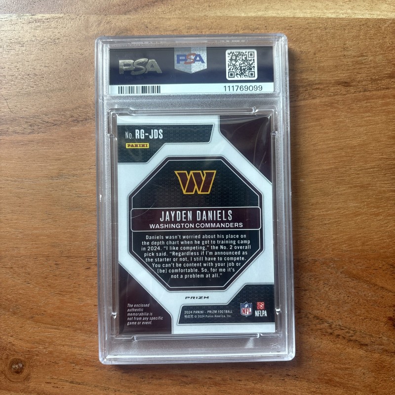 2024 PANINI PRIZM ROOKIE GEAR #RGJDS JAYDEN DANIELS ROOKIE RC PSA 8 view 2