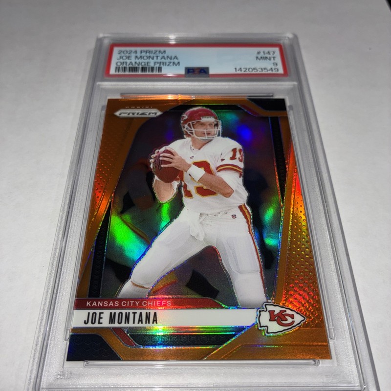 JOE MONTANA 49ERS CHIEFS NFL PRIZM ORANGE PARALLEL SP #/249 PSA 9 MINT 2024