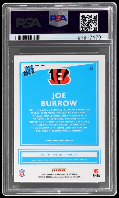 2020 Donruss Optic Joe Burrow #151 PSA 9 RC Rated Rookie Green Velocity Football view 2