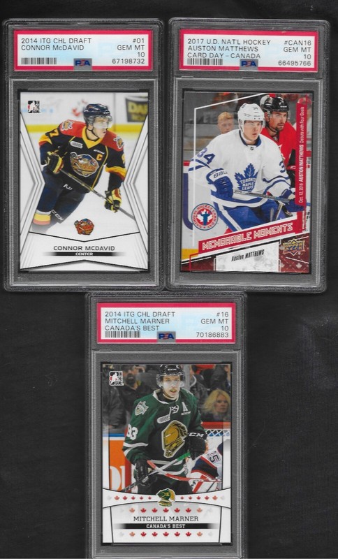 3 ROOKIE CONNOR MCDAVID  AUSTON MATTHEWS MITCH MARNER UD LEAF PSA GEM MINT 10