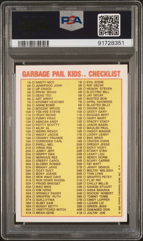 1985 Topps OS1 Garbage Pail Kids Series 1 Jay Decay 5b CHECKLIST Matte PSA 8 NM view 2