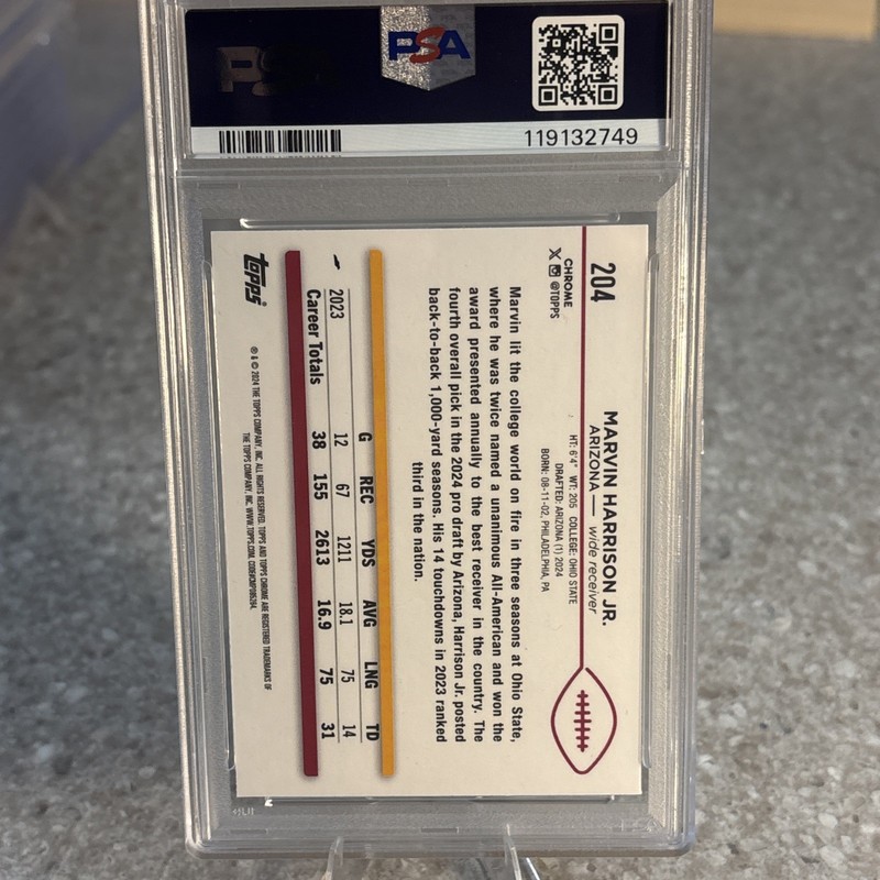 2024 Topps Chrome #204 Marvin Harrison Jr Refractor Rookie Card PSA 10 Cardinals view 2